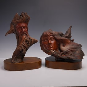2pc Rick Cain Wood Sculptures, Featherview & Woodland Spirit