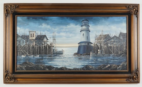 Original Coastal Harbor Scene Oil Painting, Signed King