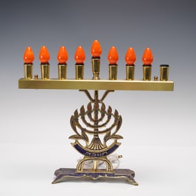 Vintage Electric Menorah, Gilt Brass with Red Flame Bulbs