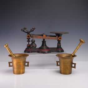 3pc Apothecary Set, Balance Scale & Brass Mortar and Pestles