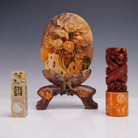 4pc Chinese Soapstone Grouping, Carved Seals and Scenic Plaque