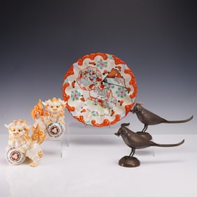5pc Asian Decorative Set, Kutani Bowl, Foo Dogs & Scent Birds