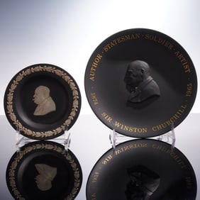 2pc Wedgwood Black Basalt Portrait Plaques, Churchill