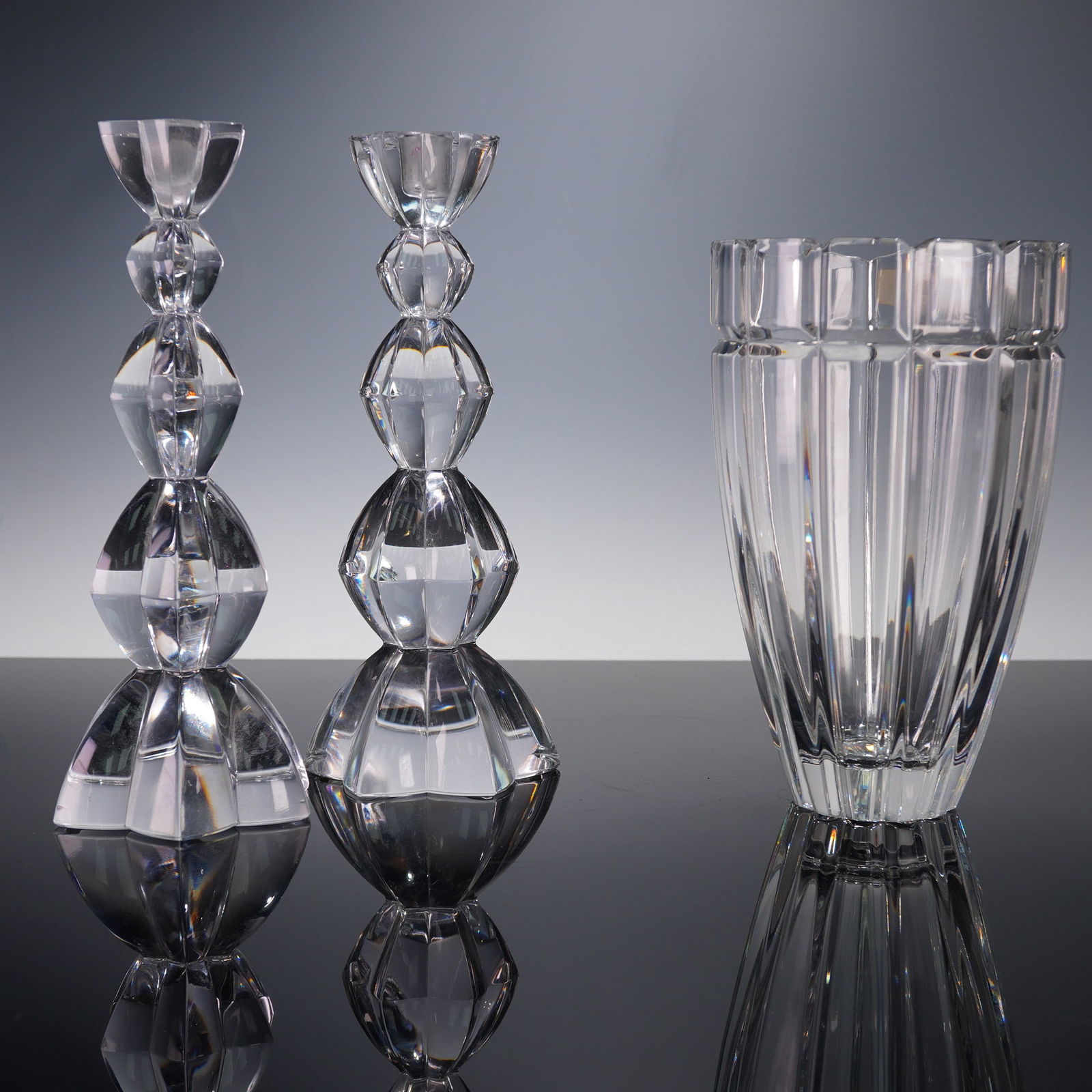 3pc Clear Cut Crystal Set, Vase & Candle Holders (1 of 8)
