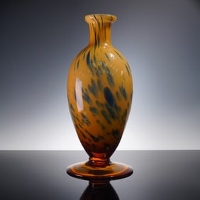 Hand-Blown Art Glass Vase with Amber and Blue Mottling