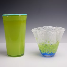 2pc Green Art Glass Vases