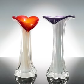 2pc Hand-Blown Cased Art Glass Vases - Calla Lily Form