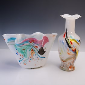 2pc Stephen Nelson Art Glass, Abstract Freeform Bowl & Vase