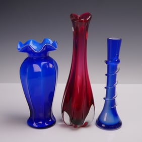 3pc Art Glass Vases, Cobalt and Cranberry