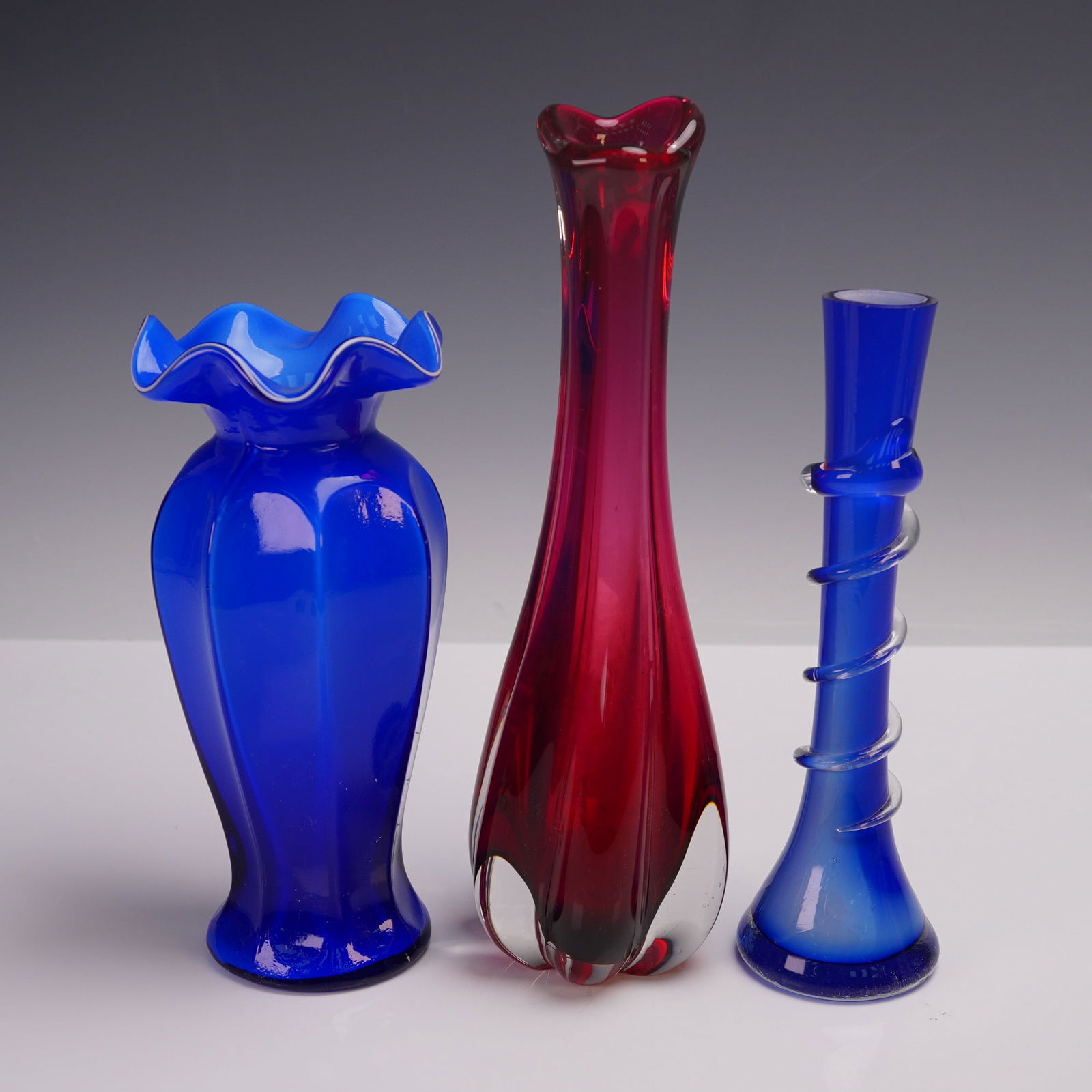 3pc Art Glass Vases, Cobalt and Cranberry (1 of 5)