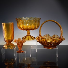 4pc Amber Glass Compote, Basket, and Vases Including Fenton