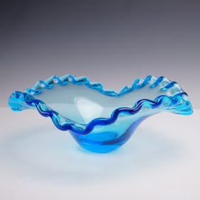 Blue Art Glass Ruffled Rim Bowl