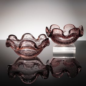 Pair of Murano-Style Amethyst Bullicante Art Glass Bowls