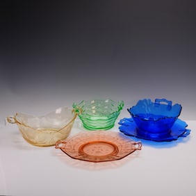 5pc Depression Glass Bowls and Plate, Assorted Colors