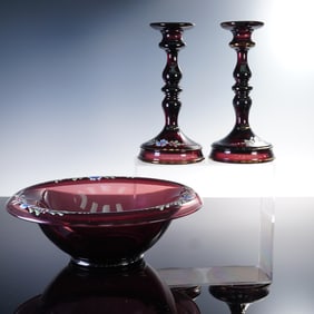 3pc Hand-Painted Amethyst Glass Set Including Candlesticks and Bowl