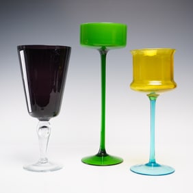 3pc Mid-Century Modern Colored Art Glass Goblets