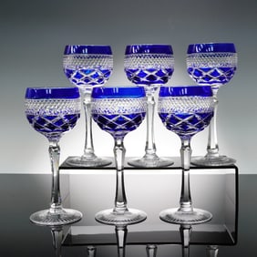 6pc Cobalt Cut-to-Clear Crystal Wine Glasses
