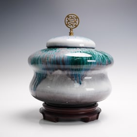 Ceramic Bulk Tea Caddy with Finial Lid and Base, Signed