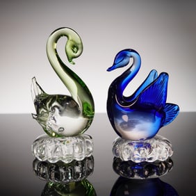 Pair of Blue and Green Glass Swan Figurines