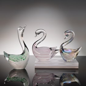 3pc Murano Style Art Glass Swan Figurines
