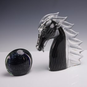 2pc Art Glass Horse Head and Galaxy Paperweight