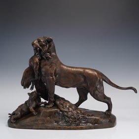 After Auguste Nicolas Cain Bronze Tigress Carrying Peacock Sculpture
