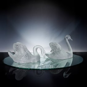 3pc Lalique Crystal Figurines, Swans + Mirror Base