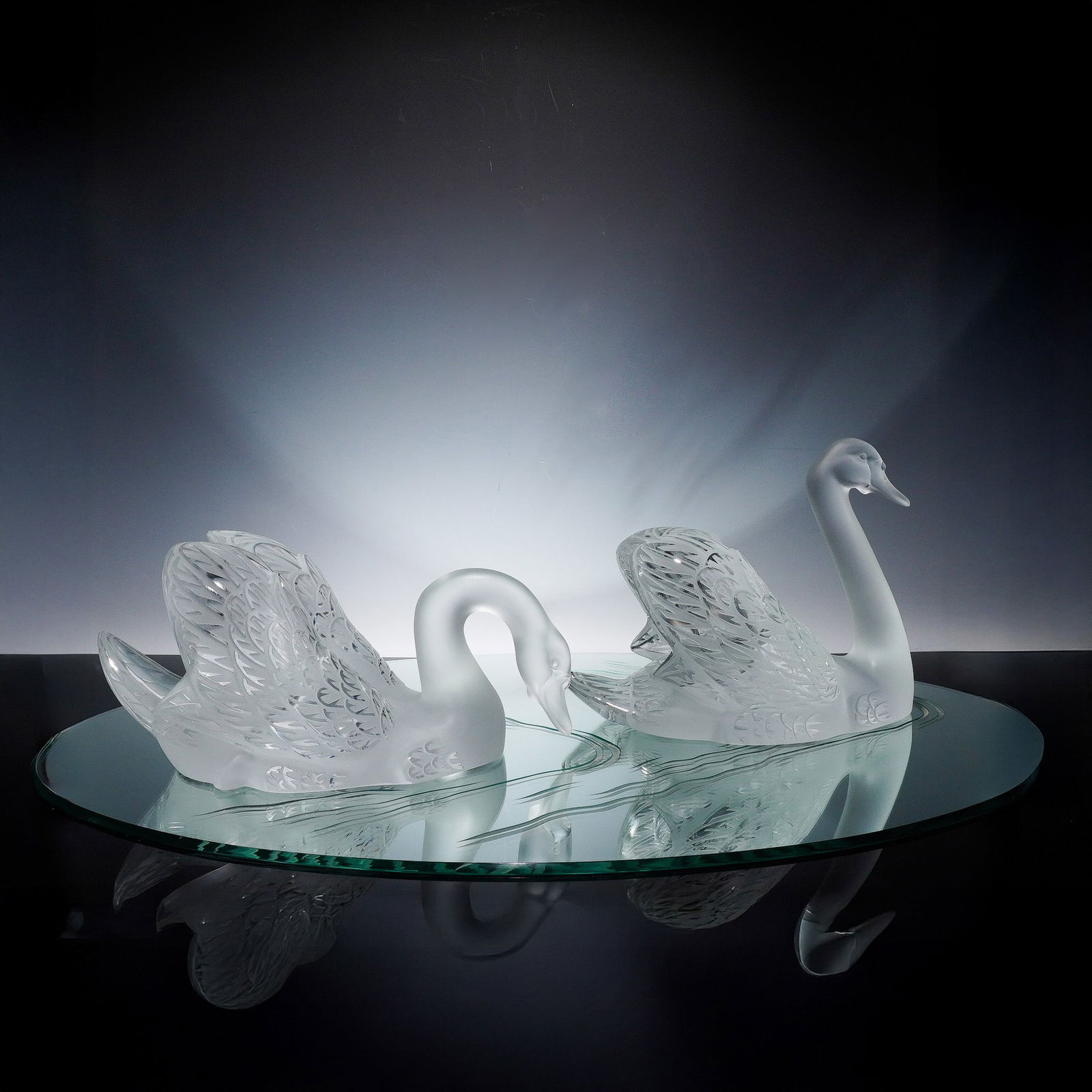 3pc Lalique Crystal Figurines, Swans + Mirror Base (1 of 6)