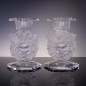 2pc Lalique Crystal Figurine Candle Holders, Birds and Blossoms