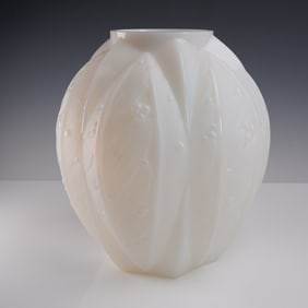 Verlys French Art Deco Opalescent Glass Vase, Leaf & Berry Motif, Signed