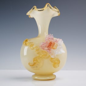 Hand Blown Art Glass Vase with Applied Floral Decoration