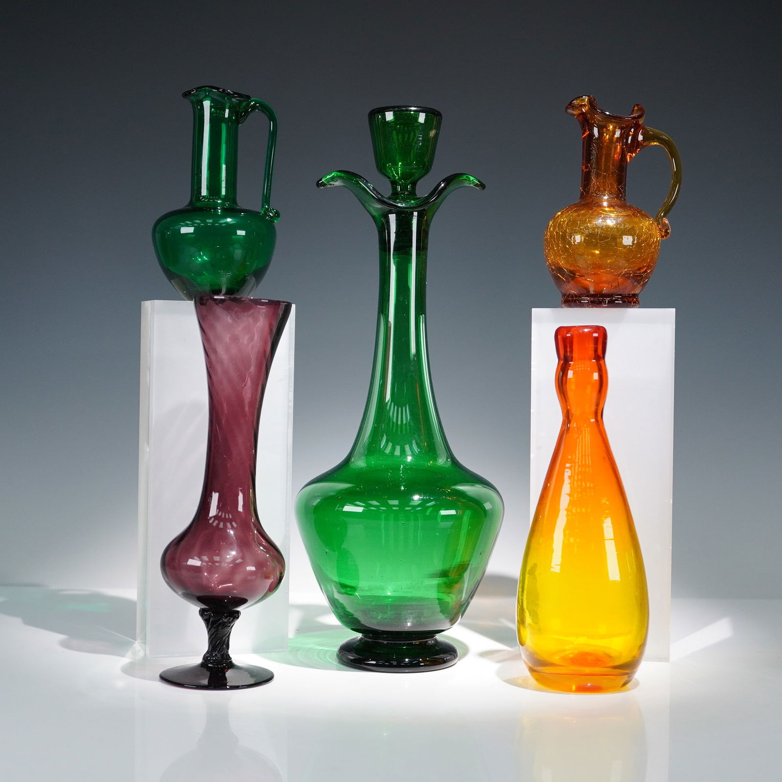 6pc Mid-Century Blown Art Glass Vessels: Decanters, Vases & Ewers (1 of 10)