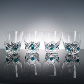 4pc Lalique Art Deco Crystal Floride Arch Tumblers with Turquoise Dots
