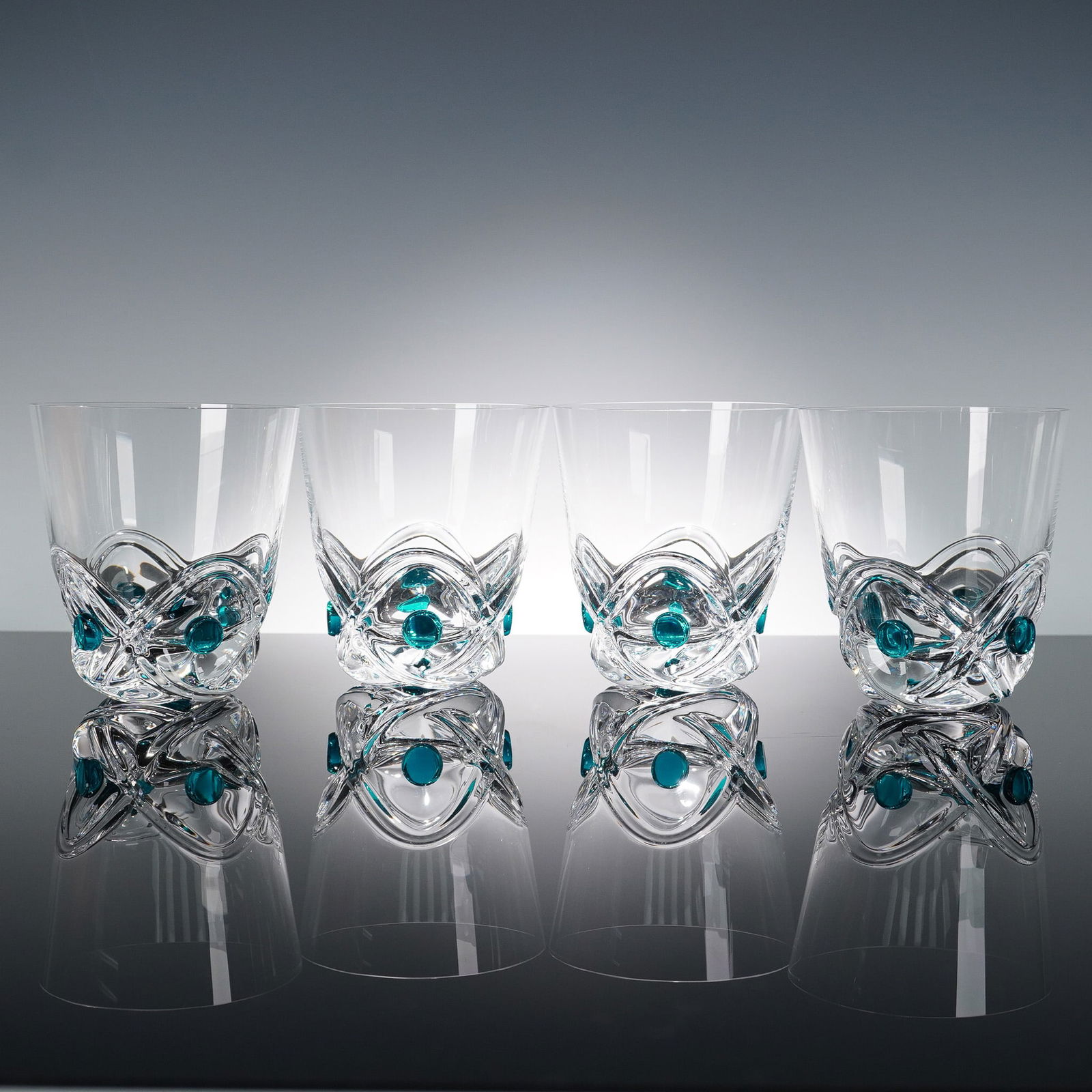 4pc Lalique Art Deco Crystal Floride Arch Tumblers with Turquoise Dots (1 of 5)