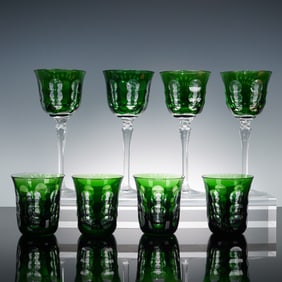 8pc Christofle Crystal Emerald Green Rhine Wine Glasses and Flat Tumblers,