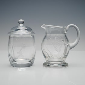 2pc William Yeoward Crystal Sugar Bowl & Creamer Set, Etched Botanical