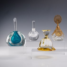 4pc Art Glass Perfume Bottles with Stoppers, Orrefors and More