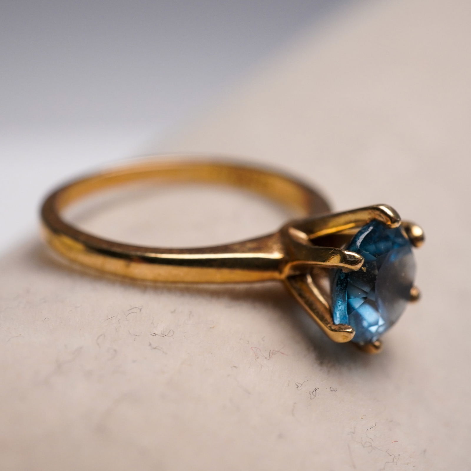 10K Gold Solitaire Ring with Blue Topaz, Marked SABRINAS (1 of 6)