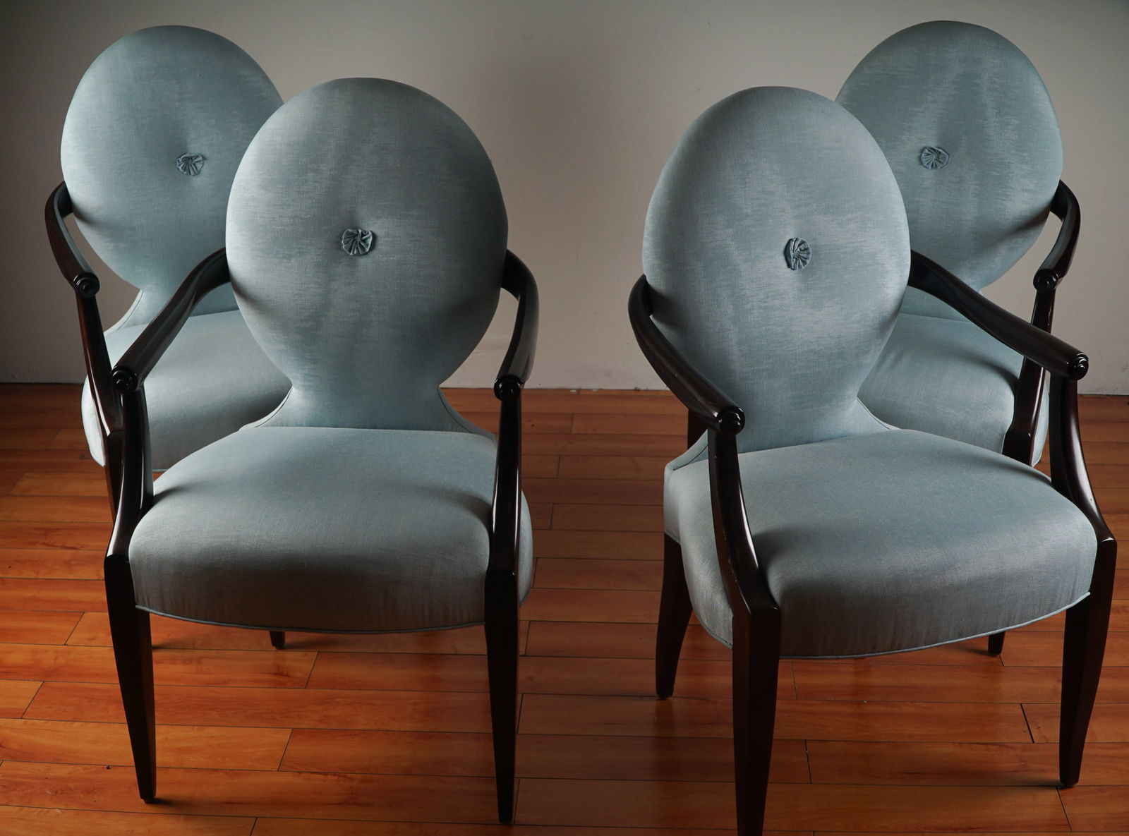 4pc Donghia Oval Back Lounge Armchairs in Ice Blue Silk Upholstery: This exceptional set of four lounge armchairs epitomizes the refined elegance that made Angelo Donghia one of America's most celebrated designers of the 1970s and '80s. Each chair features Donghia's s