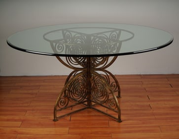 Mediterranean Style Glass Top Dining Table with Gilded Iron Scrollwork Base