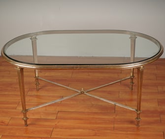 Hollywood Regency Style Oval Glass Cocktail Table w/ Gilt Iron Base