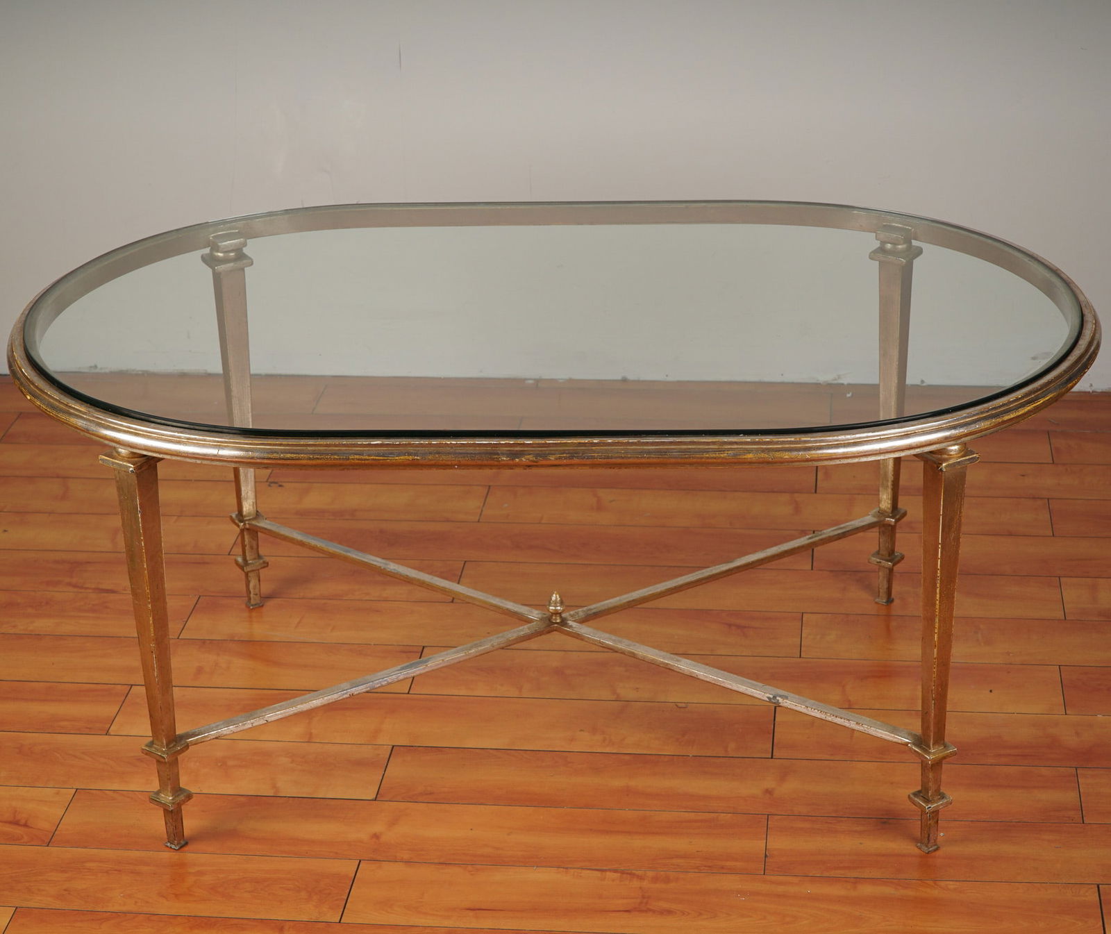 Hollywood Regency Style Oval Glass Cocktail Table w/ Gilt Iron Base (1 of 4)