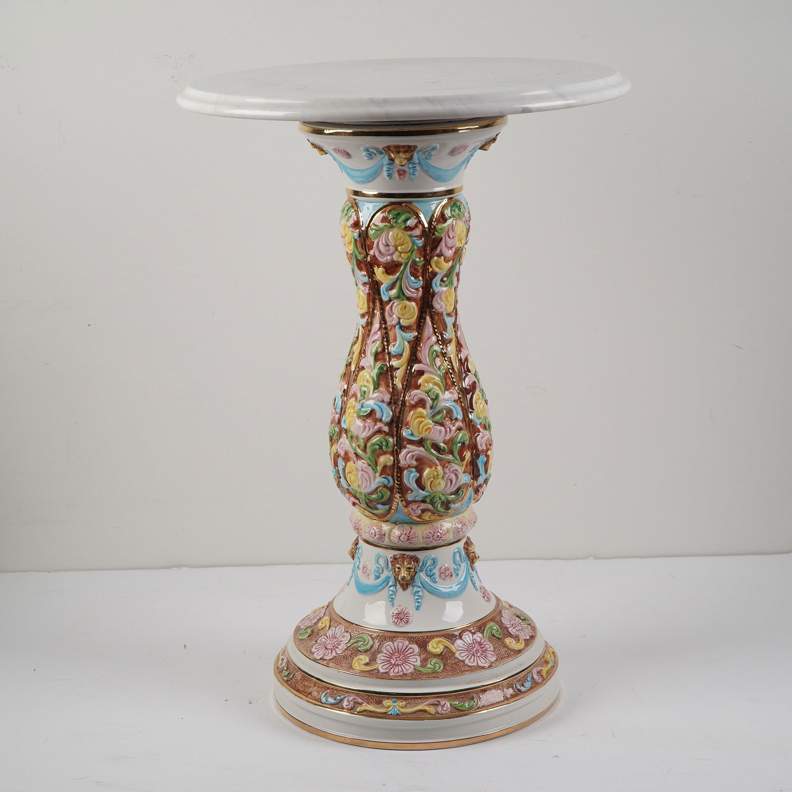 Italian Hand-Painted Ceramic Pedestal Table w/ White Marble Top (1 of 7)