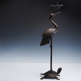 Japanese Bronze Crane and Turtle Candlestick