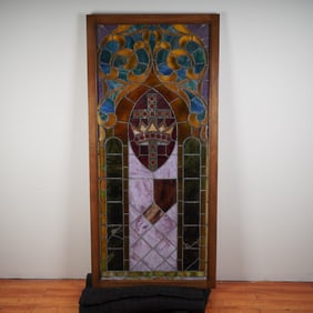 Antique Stained Glass Window Panel with Crown and Cross Motif
