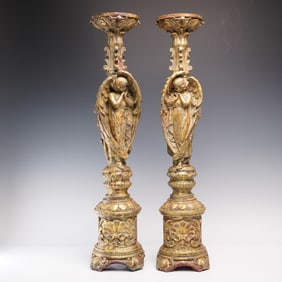 Pair of Large Gilded Angel Motif Candlestick Holders