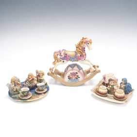 3pc Resin Musical rocking Horse and Tea Set Figurines