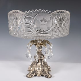 Crystal Glass Compote with Saw Tooth Edges Frosted Flowers Brass Pedestal