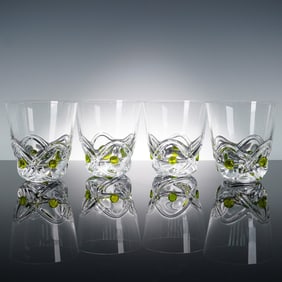 4pc Lalique Art Deco Crystal Floride Arch Tumblers with Green Dots