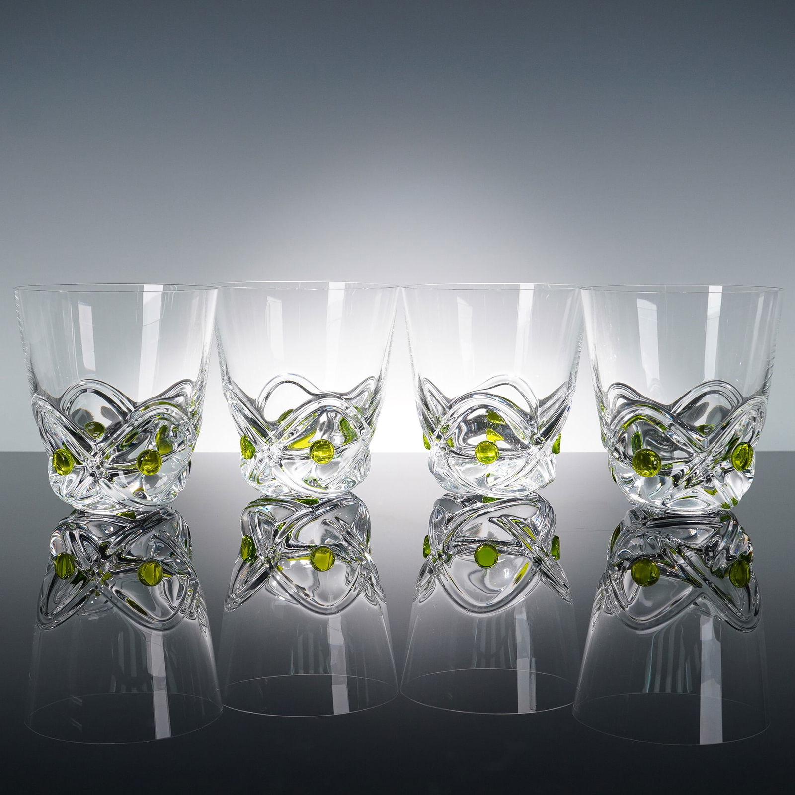 4pc Lalique Art Deco Crystal Floride Arch Tumblers with Green Dots (1 of 5)